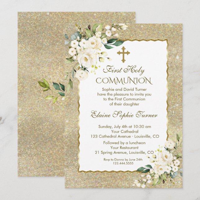 Invitation Parties scintillant Or de luxe Fleurs blanches Pre (Devant / Derrière)