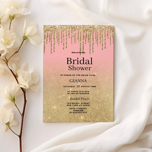 Invitation Parties scintillant or de luxe rose ombre gouttes  (Luxury gold glitter pink ombre drips Bridal Shower)