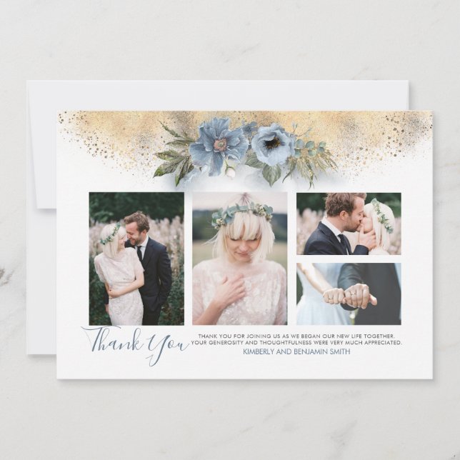 Invitation Parties scintillant or et Mariage bleu Dusty Photo (Devant)