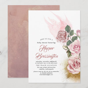 Invitation Parties scintillant or et Rose Dusty Baby shower f