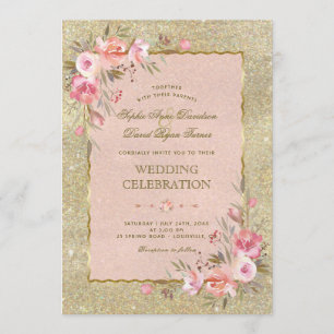 Invitation Parties scintillant or étincelante Mariage Fleurs 