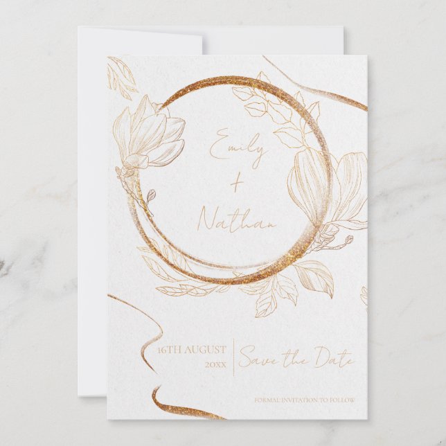 Invitation Parties scintillant Or Floral Élégant Mariage Enre (Devant)
