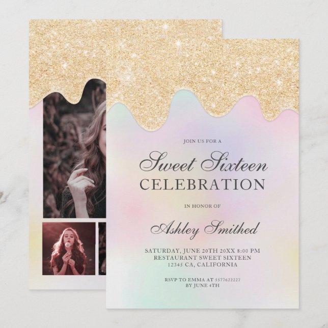 Invitation Parties scintillant or goutte perle sweet sixteen  (Devant / Derrière)