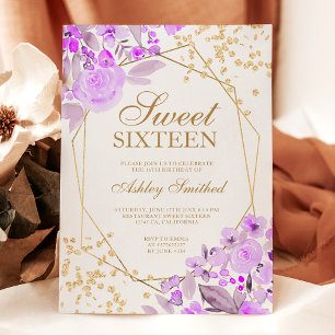 Invitation Parties scintillant or lavande aquarelle fleurie d
