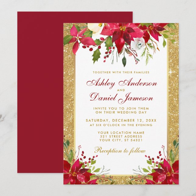 Invitation Parties scintillant or Mariage de vacances Rouge F (Devant / Derrière)
