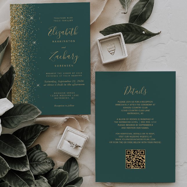 Invitation Parties scintillant Or moderne Dark Green QR Code  (Créateur téléchargé)