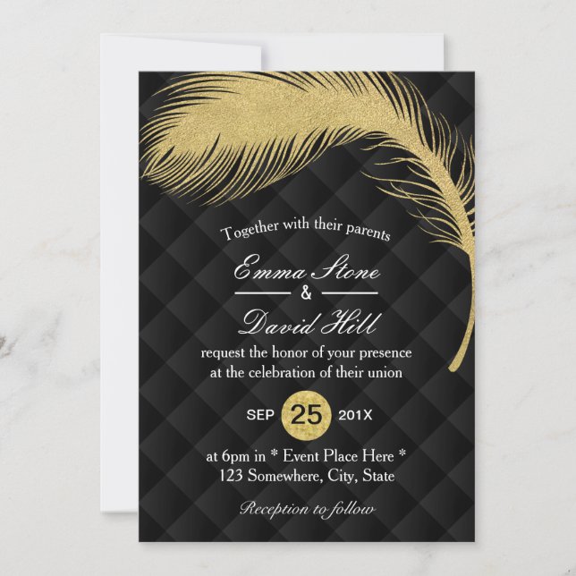 Invitation Parties scintillant or moderne Peacock Feather Mar (Devant)