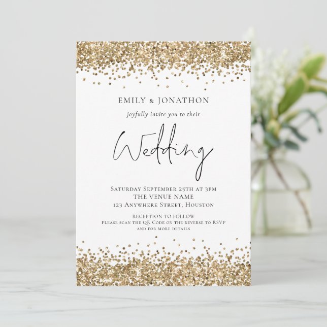 Invitation Parties scintillant Or moderne QR Code Mariage (Debout devant)