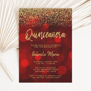 Invitation Parties scintillant or moderne Red Bokeh Quinceane