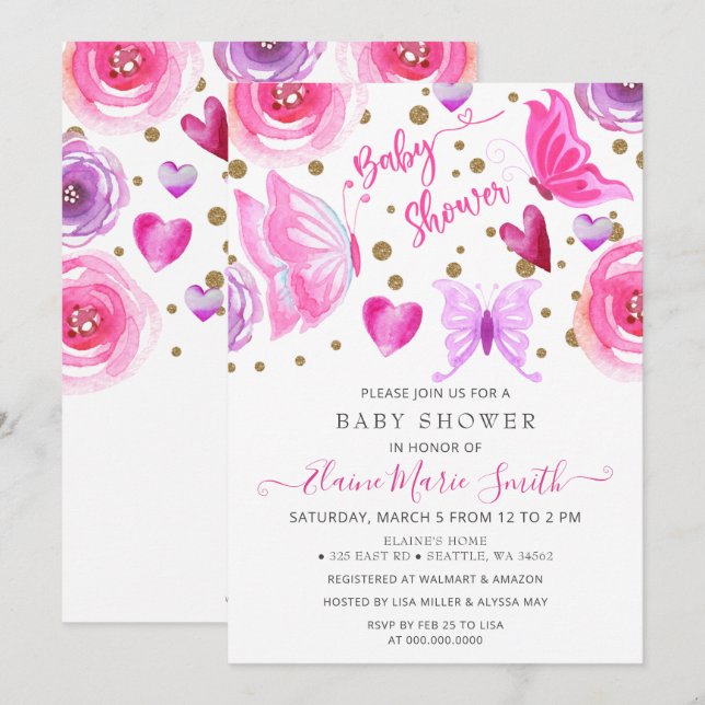 Invitation Parties scintillant or Pink Purple Papillons Baby  (Devant / Derrière)