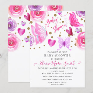 Invitation Parties scintillant or Pink Purple Papillons Baby 