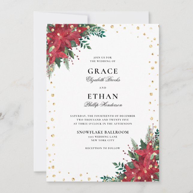 Invitation Parties scintillant or Poinsettia Florals Mariage  (Devant)