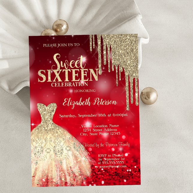 Invitation Parties scintillant or, Robe Rouge Bokeh Sweet 16 (Créateur téléchargé)