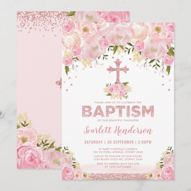 Invitation Parties scintillant or rose Blush rose Floral Girl (Devant / Derrière)