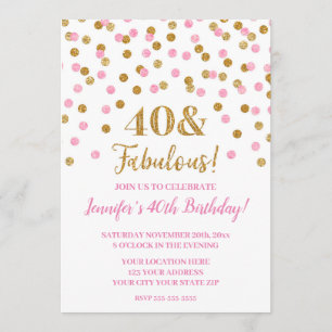 Invitation Parties scintillant or rose Confetti 40 et fabuleu