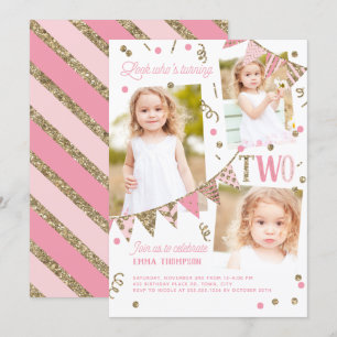 Invitation Parties scintillant or rose Deuxième anniversaire 