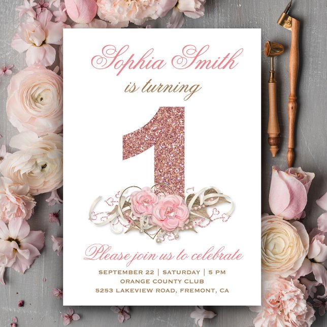 Invitation Parties scintillant or rose douce Premier Invitati (Créateur téléchargé)