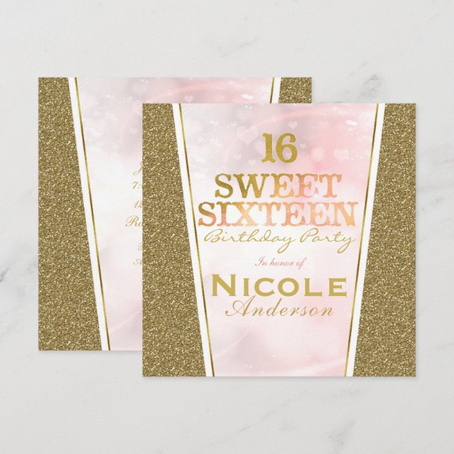 Invitation Parties scintillant or rose glam Sweet 16 Annivers (Devant / Derrière)