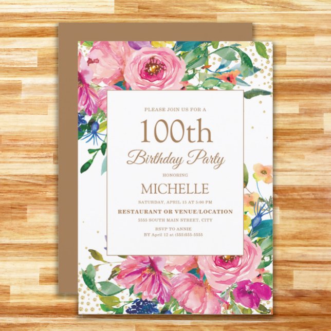 Invitation Parties scintillant or rose jaune floral 100e anni (Elegant pink, yellow, and blue watercolor floral 100th birthday party invitation for women.)