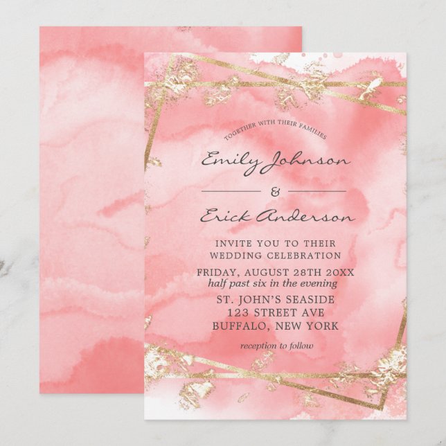 Invitation Parties scintillant or rose pâle Fairytale Mariage (Devant / Derrière)