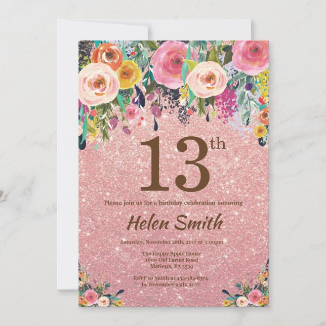 Invitation Parties scintillant or rose rose Floral 13e annive (Devant)