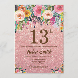 Invitation Parties scintillant or rose rose Floral 13e annive