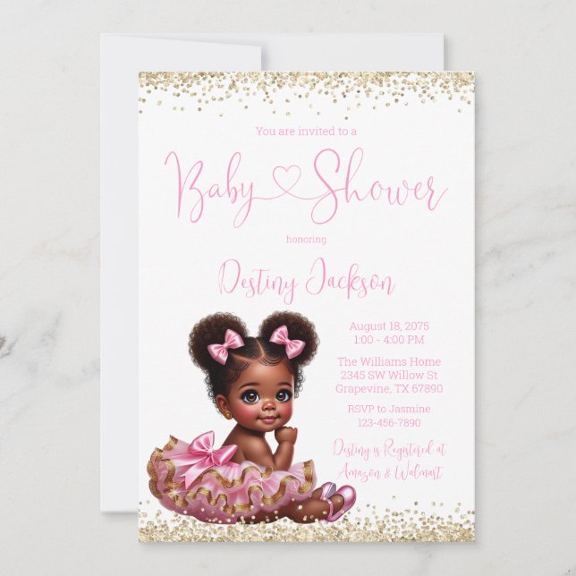 Invitation Parties scintillant or rose Tutu Baby shower fille (Devant)