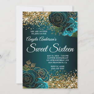 Invitation Parties scintillant or Turquoise Bleu Floral Sweet