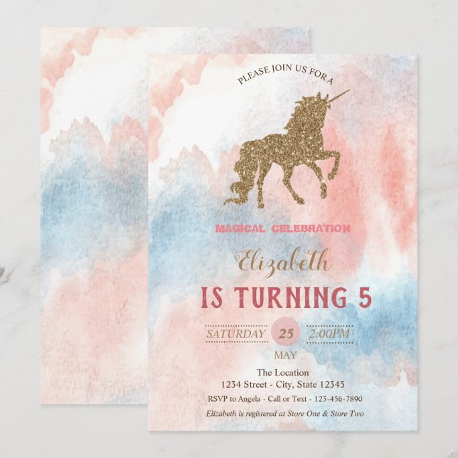 Invitation Parties scintillant or Unicorne, Aquarelle (Devant / Derrière)