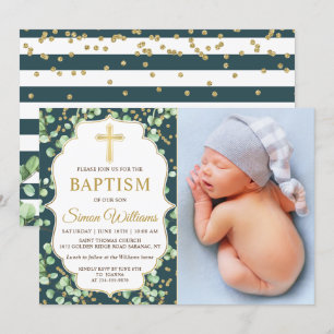 Invitation Parties scintillant or verdure moderne Baptême Pho