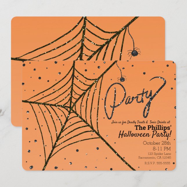 Invitation Parties scintillant orange et noire Spider Web Hal (Devant / Derrière)