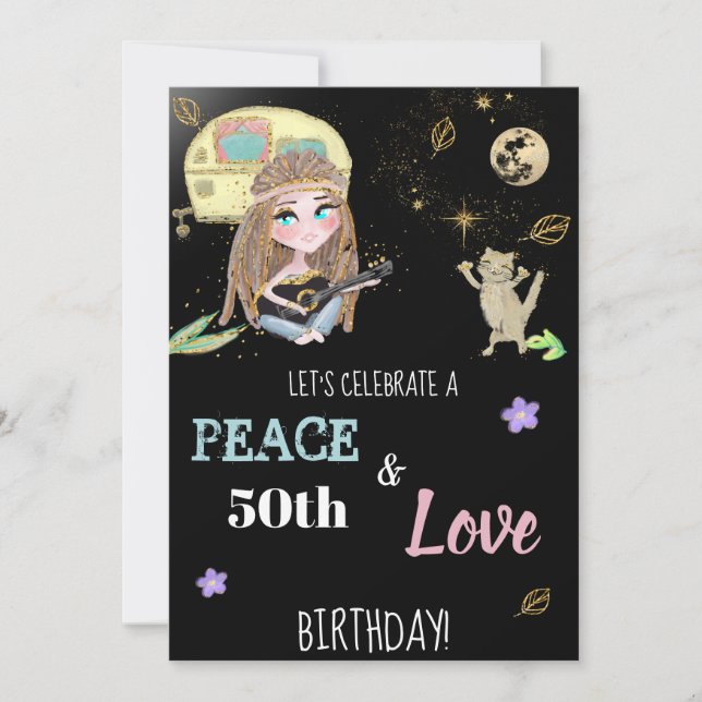 Invitation * Parties scintillant Paix et Amour Camping Hippie (Devant)