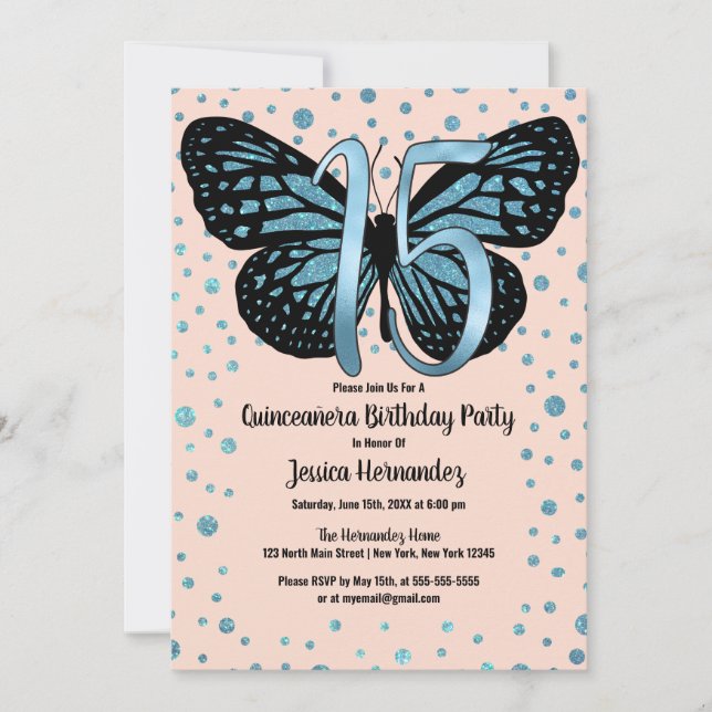 Invitation Parties scintillant papillon bleu rose Confetti Qu (Devant)