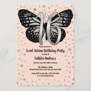 Invitation Parties scintillant papillon rose argent Confetti 