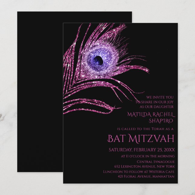 Invitation Parties scintillant Peacock Plume rose Bat mitzvah (Devant / Derrière)