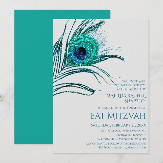 Invitation Parties scintillant Peacock Plume Turquoise Bat mi (Devant / Derrière)