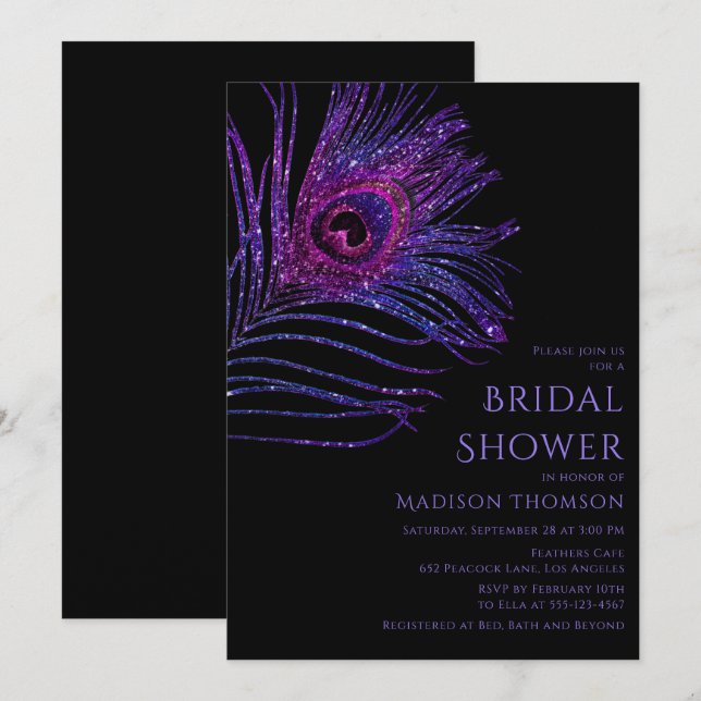 Invitation Parties scintillant Peacock Plumes violet Fête des (Devant / Derrière)