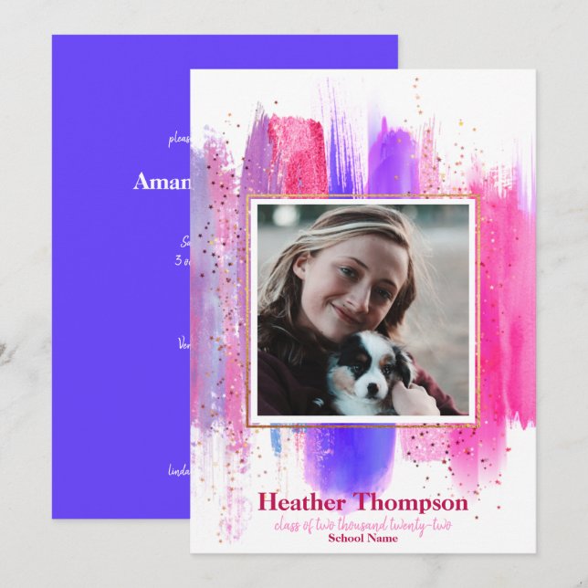 Invitation Parties scintillant peinte rose et violet étincell (Devant / Derrière)