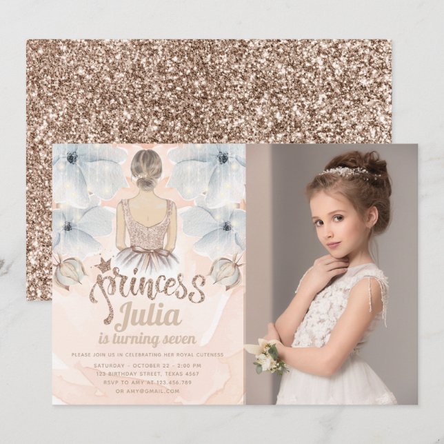 Invitation Parties scintillant photo de luxe Princess Birthda (Devant / Derrière)