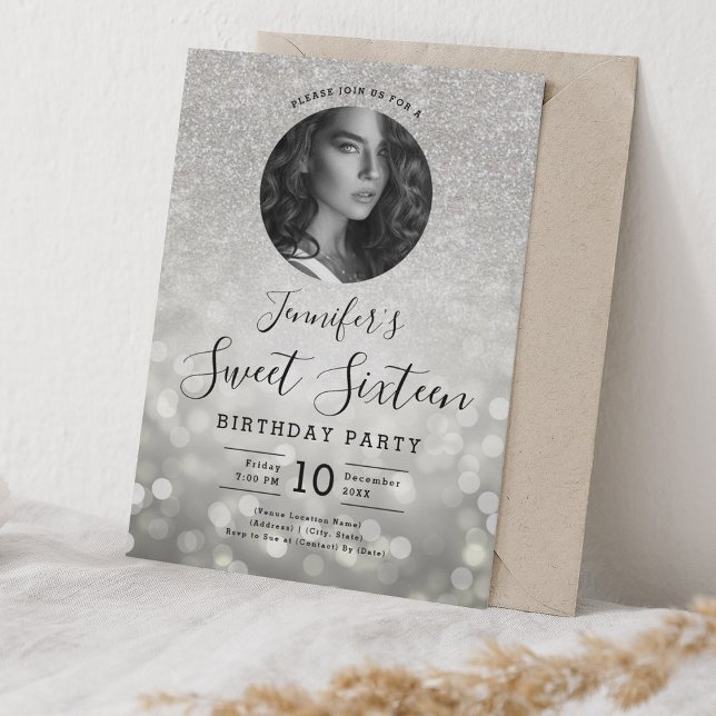 Invitation PARTIES SCINTILLANT photo Silver Bokeh Lights Swee (PHOTO Glitter Silver Bokeh Lights Sweet 16 Invitation)