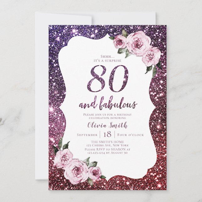 Invitation Parties scintillant pourpre bordeaux et 80e annive (Devant)
