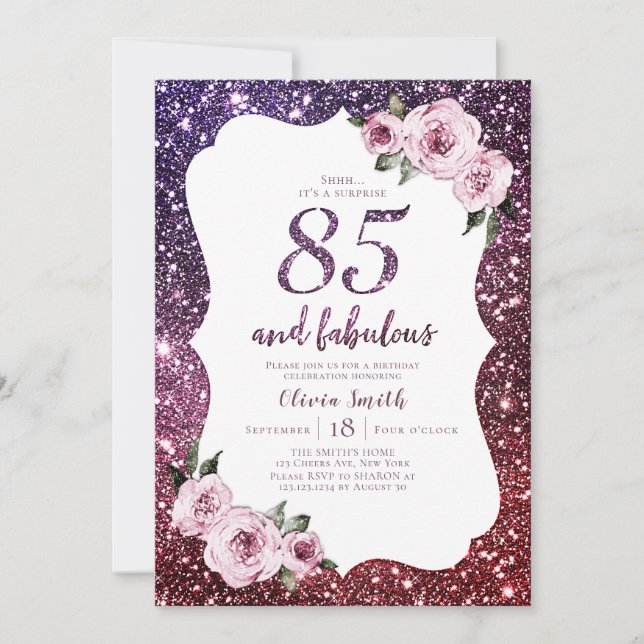 Invitation Parties scintillant pourpre bordeaux et fleurs 85e (Devant)
