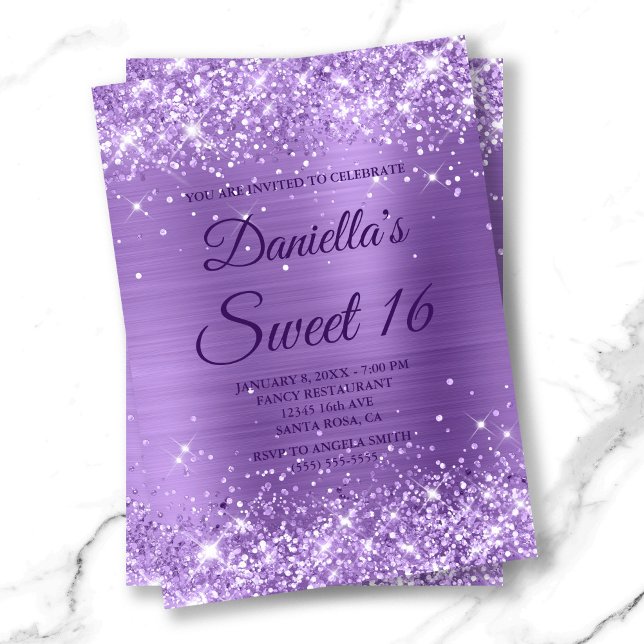 Invitation Parties scintillant pourpre et huile douce 16 (Sparkly Light Purple Glitter and Foil Sweet 16 Invitation)