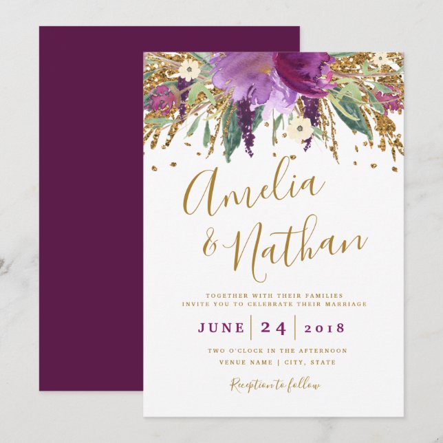 Invitation Parties scintillant pourpre Étincelant Mariage Amé (Devant / Derrière)
