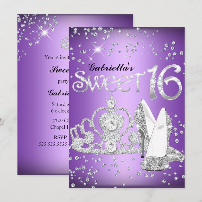 Invitation Parties scintillant pourpre Tiara & talons doux 16 (Devant / Derrière)