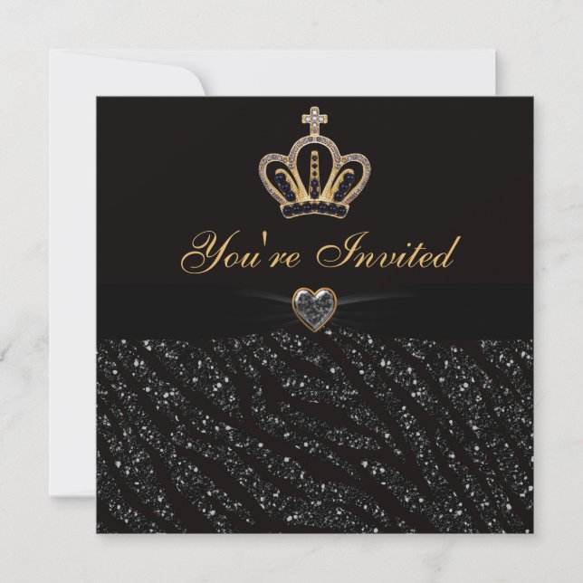 Invitation Parties scintillant princesse Crown, Heart & Zebra (Devant)