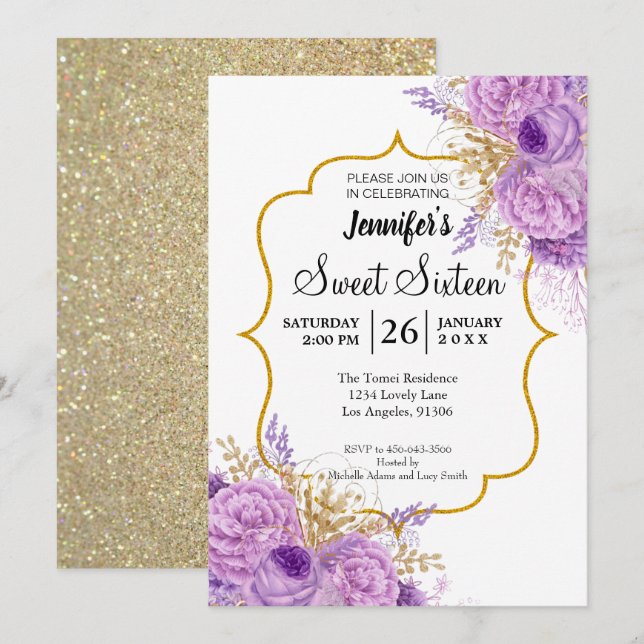Invitation Parties scintillant Purple Floral Sweet 16 Anniver (Devant / Derrière)