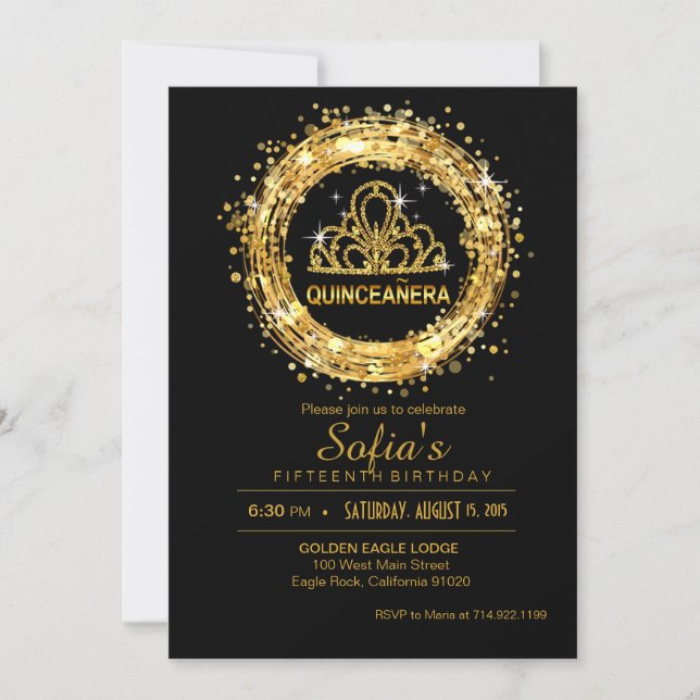 Invitation Parties scintillant Quinceanera Noir et Or Tiara (Devant)