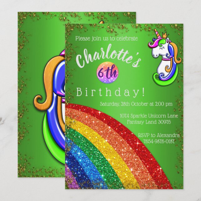 Invitation Parties scintillant Rainbow Green Unicorn Invitati (Devant / Derrière)