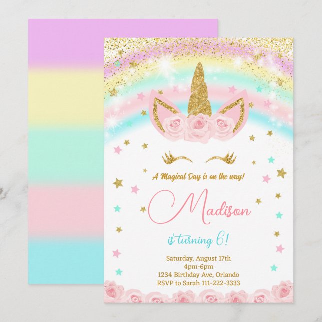 Invitation Parties scintillant Rainbow Unicorn Anniversaire d (Devant / Derrière)